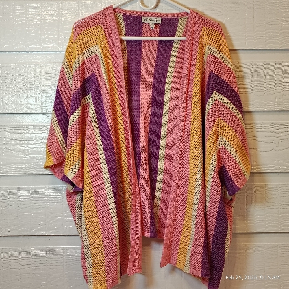 WOMENS S/M KIMONO OPEN FRONT‎ STRIPE PINK PURPLE COLORFUL SLOUCHY ARTSY CROCHET